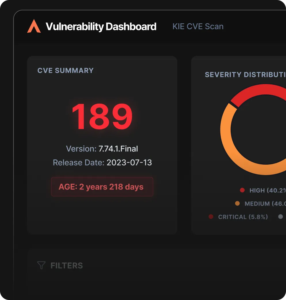 Vulnerability Dashboard showing CVE summary and severity distribution